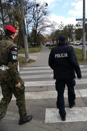 policjant i żandarm przechodzą przez przejście dla pieszych