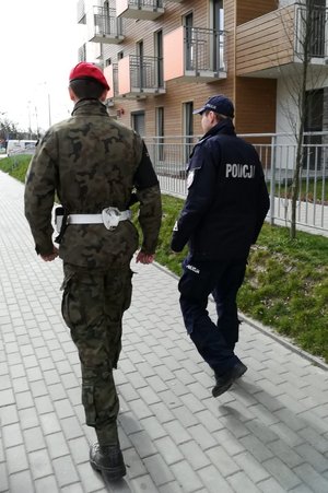 policjant i żandarm idą chodnikiem