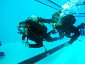 Zdjęcie przedstawia policjantów podczas praktycznego szkolenia nurkowego na basenie i wodach otwartych.