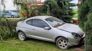 Widok na rozbity samochód stojący między drzewami
