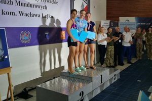 uczestniczki pływania stoją na podium