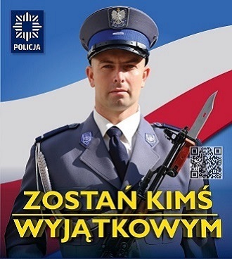 Zostań kimś wyjątkowym - informacje dla kandydatów do służby - plakat Policjant w mundurze galowym