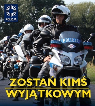Zostań kimś wyjątkowym - informacje dla kandydatów do służby - plakat Policjant Ruchu Drogowego na motorze