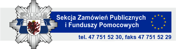 Baner nagłówkowy zawierający gwiazdę Kujawsko Pomorskiej Policji, symbol Unii europejskiej pod postacią okręgu złożonego gwiazd oraz napis Sekcja Zamówień Publicznych i Funduszy Pomocowych, telefon: 47 751 52 30, faks: 47 751 52 29
