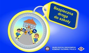 Breloczek z dziećmi idącymi do szkoły, napis: Bezpieczna droga do szkoły, Biuro Ruchu Drogowego KGP