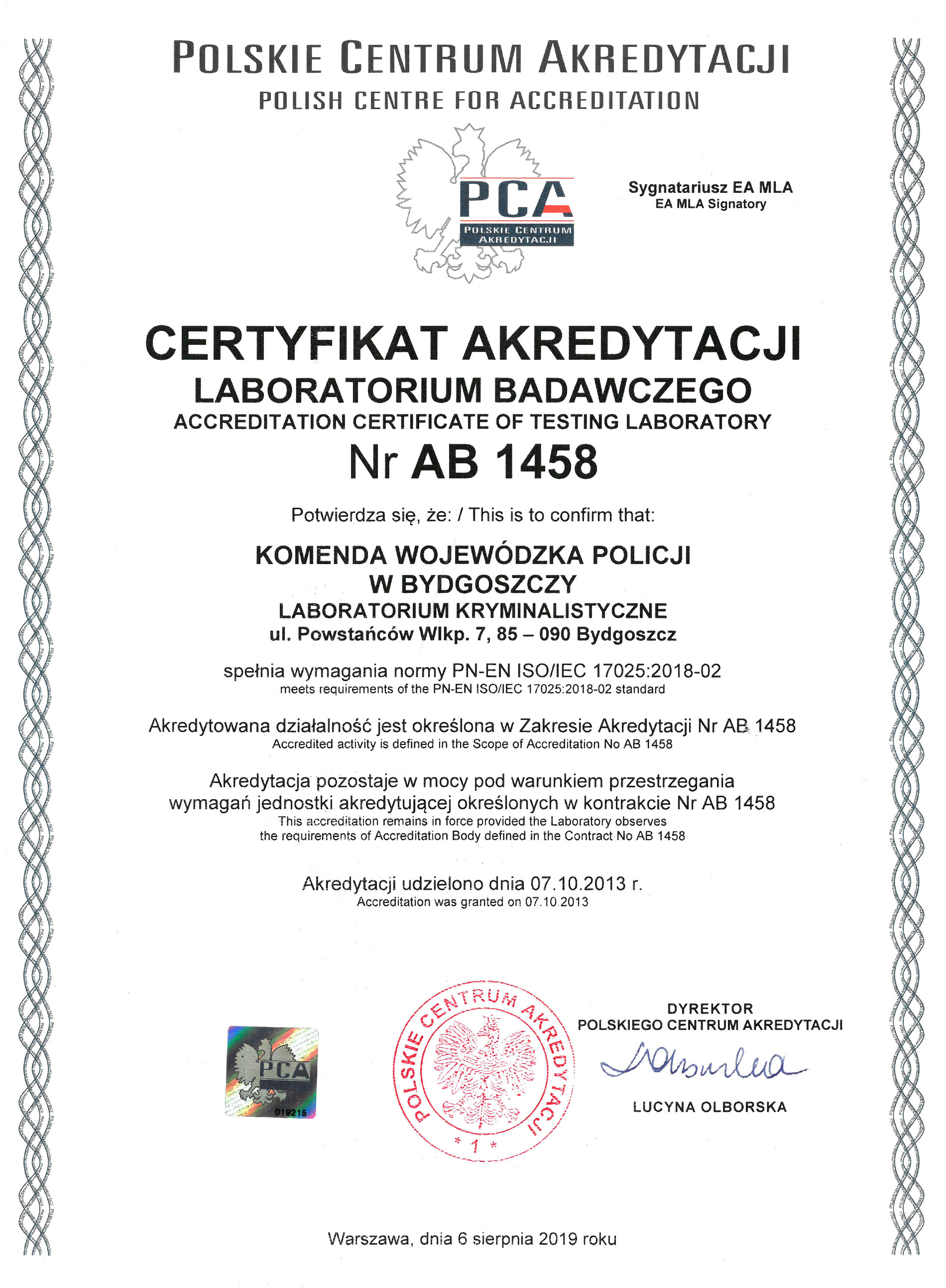 Certyfikat akredytacji 2019