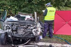 Policjant &quot;drogówki&quot; robi oględziny jednego z aut