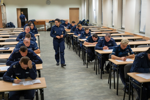 Policjantka idzie między policjantami rozwiązującymi test