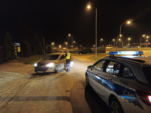 policjant kontroluje zatrzymany pojazd