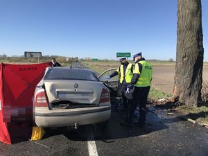 Policjanci stoją przy rozbitym aucie na miejscu zdarzenia.