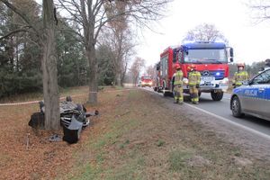 Widok na rozbity na drzewie samochód