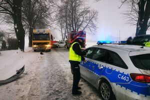 Policjant stoi przy radiowozie