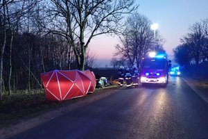 widok na rozbity pojazd przy drzewie i pojazd straży pożarnej stojący na drodze. Obok są strażacy