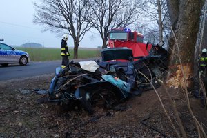 widok na rozbity pojazd przy drzewie. Przy wraku stoi strażak. W oddali stoi policyjny radiowóz i pojazd straży pożarnej.