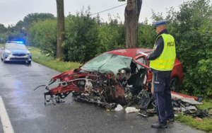 Policjant przy rozbitym samochodzie.