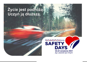 ROADPOL Safety Days – Żyj i pozwól żyć innym - zdjęcie pędzącego samochodu i logotyp akcji.