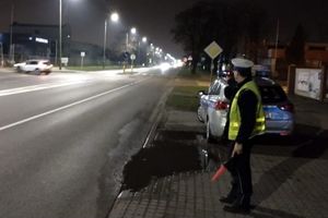 Policjant stoi przy radiowozie i patrzy na drogę