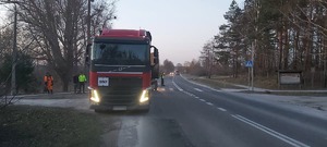 TIR stojący na skraju drogi obok stoi policjant i kierowca pojazdu