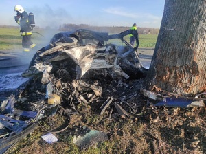 Widok na rozbity i spalony samochód osobowy oraz pracujące na miejscu służby ratunkowe