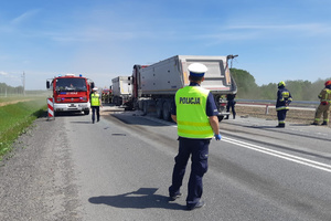 Pojazdy i służby na miejscu zdarzenia. Policjant na pierwszym planie.