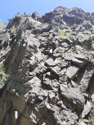 Alpinista wspinający się na pionową skałę.