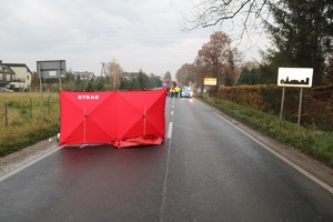 na drodze rozmieszczony jest czerwony parawan z napisem Straż. w oddali stoi policyjny radiowóz i funkcjonariusze