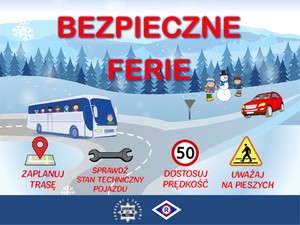 Plakat bezpieczne ferie - autokar w zimowej scenerii.