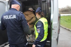 policjanci wprowadzają zatrzymanego do radiowozu do pomieszczenia dla osób zatrzymanych. Zatrzymany ma założone kajdanki na ręce trzymane z tyłu i znajduje się w radiowozie