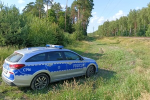 Policyjny radiowóz stojący na polanie w lesie.