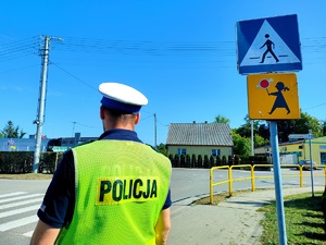 Policjant kontroluje ruch drogowy przy przejściu dla pieszych