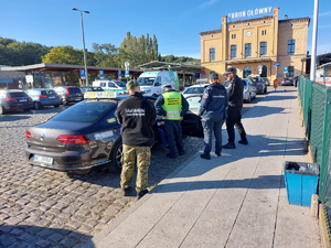 Funkcjonariusze kontrolują kierowcę i samochód z napisem taxi