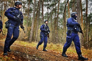 Policjanci poruszają się na terenie Lasu Gdańskiego i zatrzymują niebezpieczną osobę w pojeździe