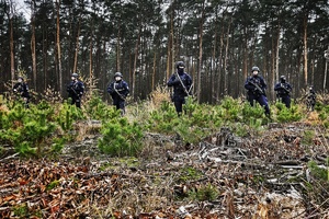 Policjanci poruszają się na terenie Lasu Gdańskiego i zatrzymują niebezpieczną osobę w pojeździe