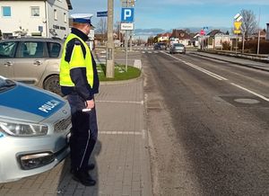 Policjant ruchu drogowego podczas kontroli.