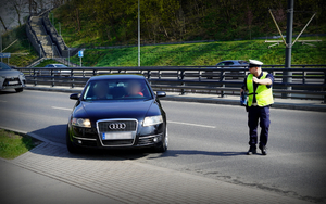 policjant pokazuje, gdzie ma zjechać pojazd