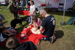 Piknik w Żninie z okazji inauguracji akcji Kręci mnie bezpieczeństwo w lecie. Dzieci i młodzież oglądają stanowiska różnych służb