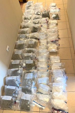 zabezpieczone narkotyki w woreczkach leżą poukładane w rzędzie na podłodze