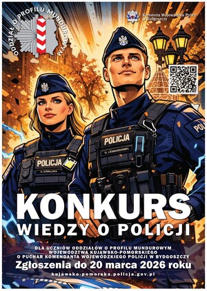 Plakat promujący konkurs wiedzy o policji, styl komiksowy, policjant i policjantka na tle eksplozji.