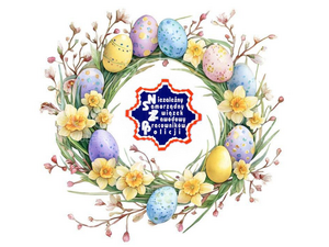 Grafika przedstawiająca logo NSZZ PP w wielkanocnej odsłonie. Plik JPG.