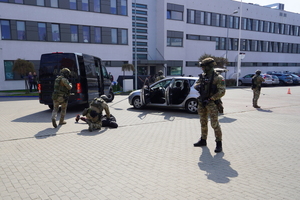 policyjni kontrterroryści stoją przy samochodach i zatrzymują osobę