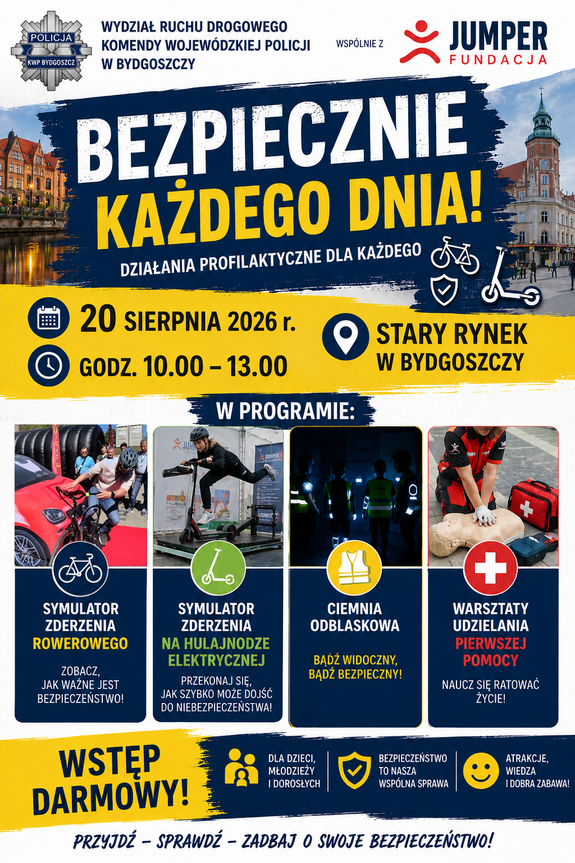 plakat z informacjami na temat profilaktycznego spotkania na Starym Rynku w Bydgoszczy pod nazwą Bezpiecznie każdego dnia