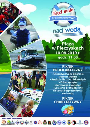 plakat informujący o pikniku profilaktycznym w Pieczyskach nad Zalewem Koronowskim