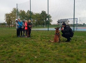 Zabawa z psem policyjnym pod czujnym okiem policjanta.