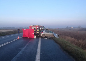 Służby i rozbite auto w miejscu wypadku.