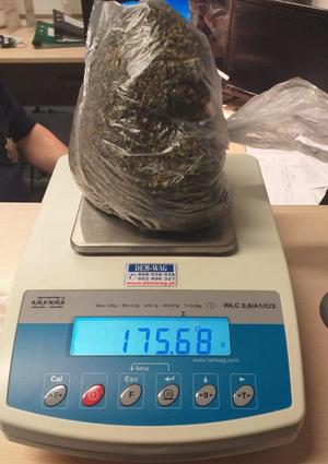woreczek z marihuaną stoi na elektronicznej wadze, która wskazuje na wyświetlaczu wagę 175,68 g