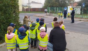 Grupa dzieci przygląda się jak Polfinek przeprowadza 2 dzieci przez przejście dla pieszych. Nad bezpieczeństwem czuwa policjant.