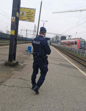 Policjant idzie po peronie na terenie dworca. W tle jadący pociąg.