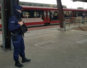 Policjant stoi na zadaszonym peronie dworca. W tle stojący pociąg.