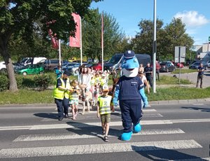 Policyjna maskotka Polfinek przeprowadza dzieci przez przejście dla pieszych.