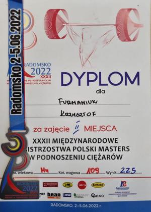 dyplom za zajęcie drugiego miejsca w zawodach dla Krzysztofa Furmaniuka